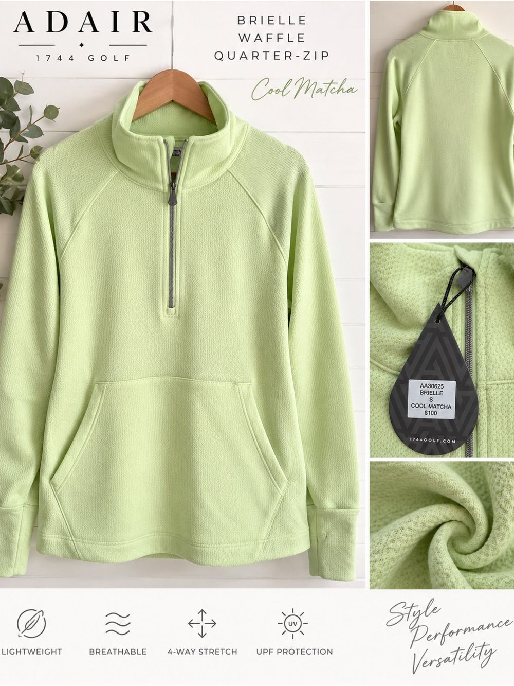 Adair Active “Brielle” Waffle Quarter-Zip — Cool Matcha, Size Small